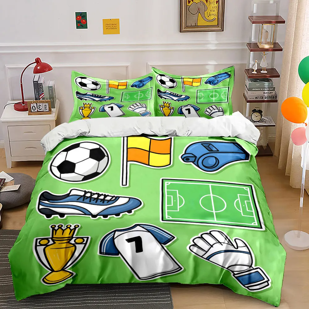 Cute Cartoon Soccer Equipment Pattern Bedding Set 3pcs, Football Cleat Trophy Jersey Field Print Duvet Cover For Teen Boys Kids
