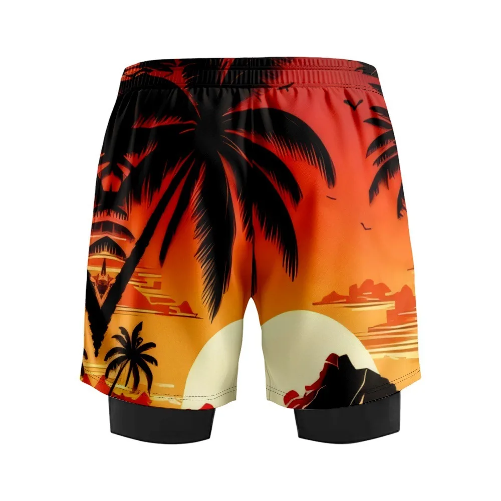 섬 코코넛 나무 일몰 프린트 비치 반바지 압축 라이너 수영복이있는 남성용 수영 트렁크 빠른 건조 가랑이 수영복
