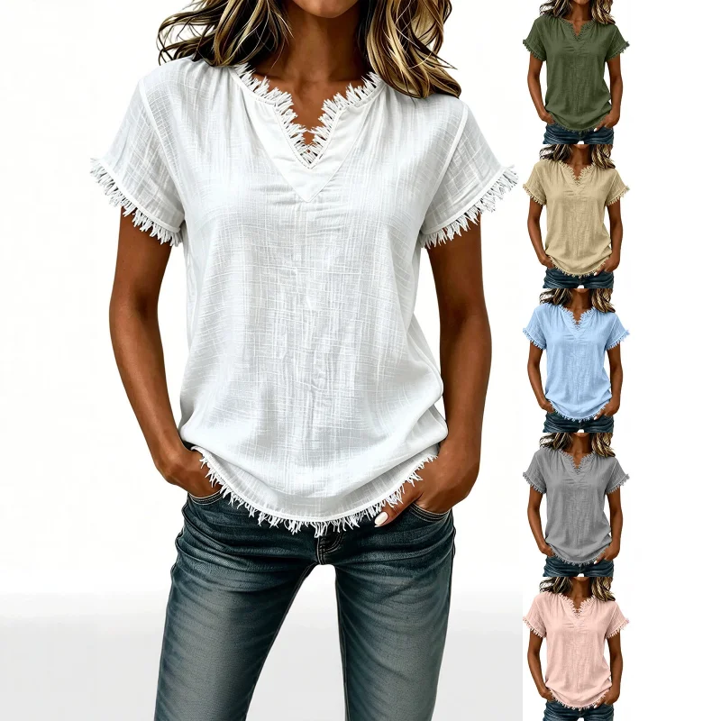 Women V Neck Fringe Trim Short Sleeve Blouse Vintage Textured Casual Summer Top