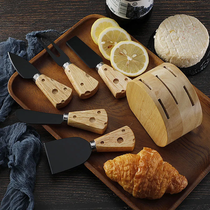 Jaswehome 6pcs wooden Cheese Knife holder Set Stainless Steel Butter Knives Cheese fork Cheese scraper Jam spreader Baking Tools