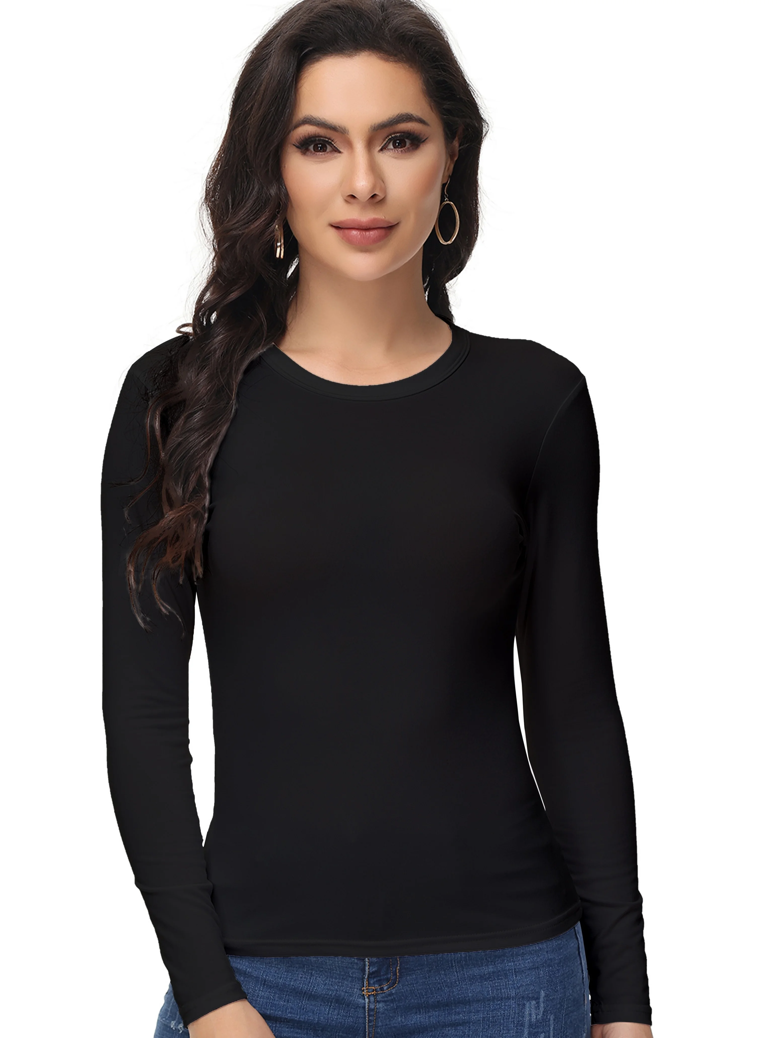 レディース長袖通気性ラウンドネックスポーツトップ、無地、運動やカジュアルウェアに最適