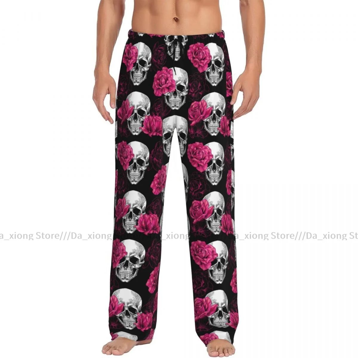 Mens Casual Pajama Long Pant Loose Elastic Waistband Skulls And Roses Cozy Sleepwear Home Lounge Pants