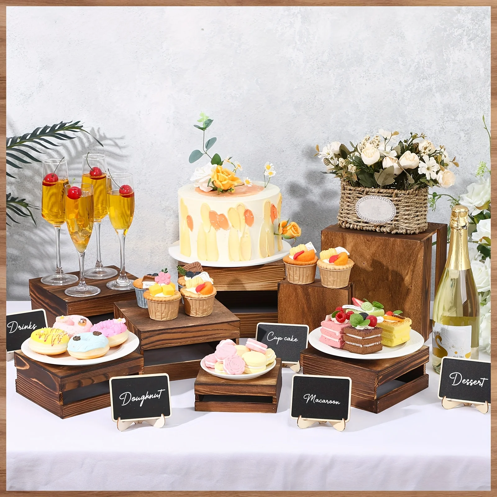 

8pcs Buffet Risers With Mini Signs Bulk Food Risers For Table Rustic Wood Cake Stands Buffet Crate Wooden Dessert Display Stand