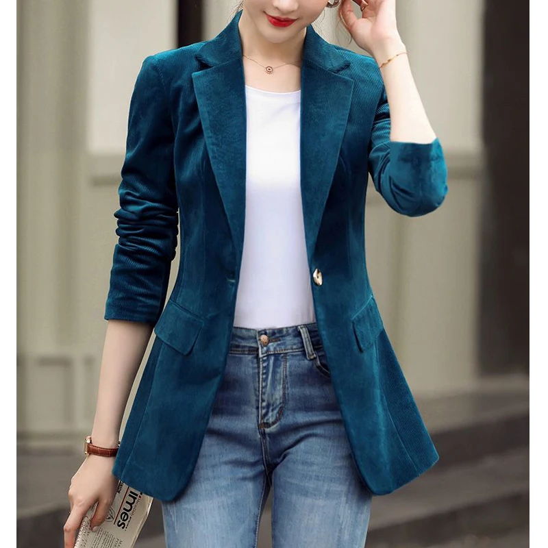 2 Piece Sets Women Vintage Corduroy Elegant Suit Office Lady Long Sleeve Business Casual Blazer Jacket High Waist Straight Pants