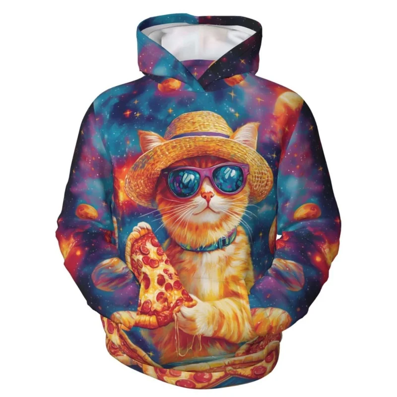 3D Printed Unicorn Cat Hoodie For Men Pizza DJ Cosmic Pattern Sweatshirt Autumn Casual Tops Loose Pullovers Long Sleeves Hoodies