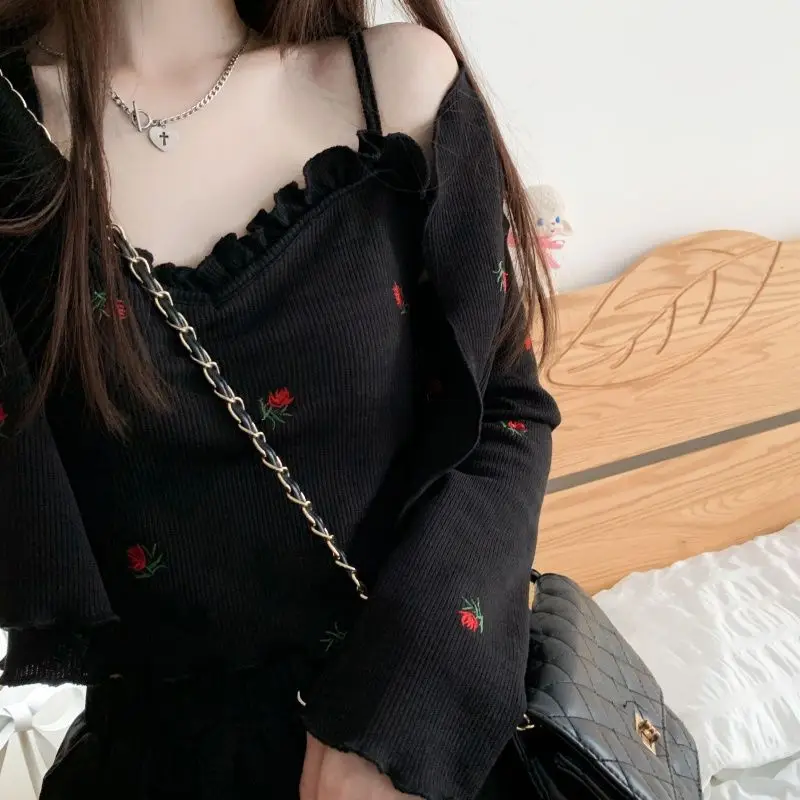 Sweet Embroidery Women Spring Ruffles Sling New Loose Long Sleeved Cardigan Printing V-neck Comfortable Casual Two Piece Set