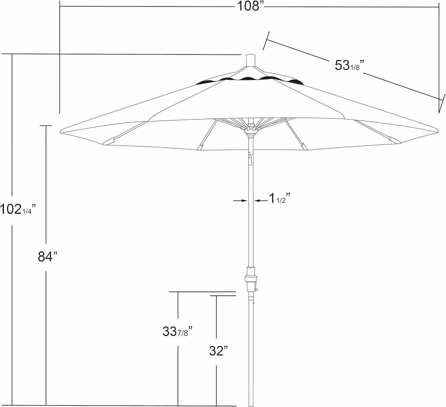 

9' Round Aluminum Pole Fiberglass Rib Market Umbrella, Crank Lift, Collar Tilt, White Pole, White Olefin