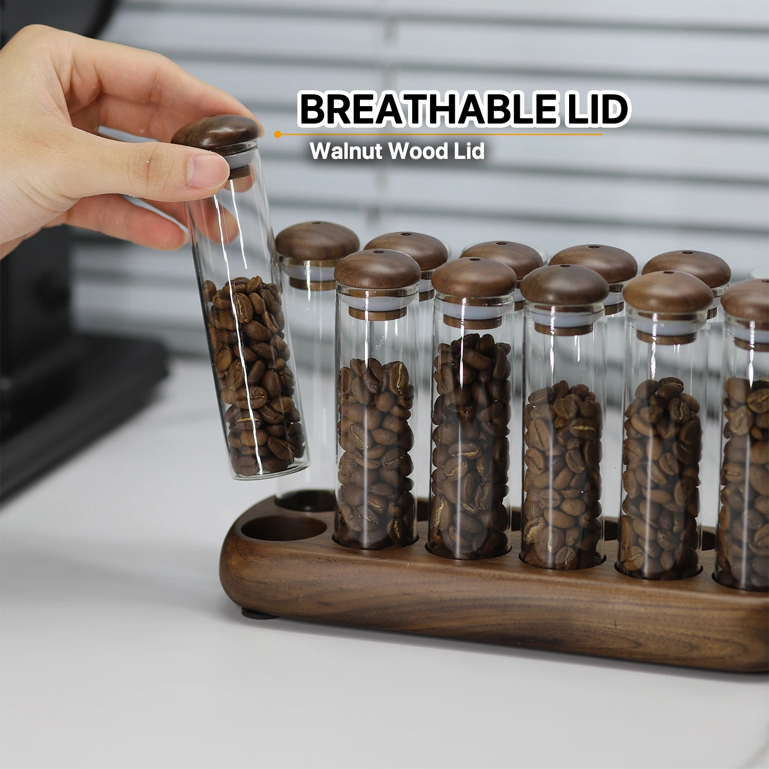 Coffee Beans Tea Display Rack Stand Creative Glass Test Tube Storage with Hopper 6/12 Tubes Glass Bottle Rack with Exhaust Valve