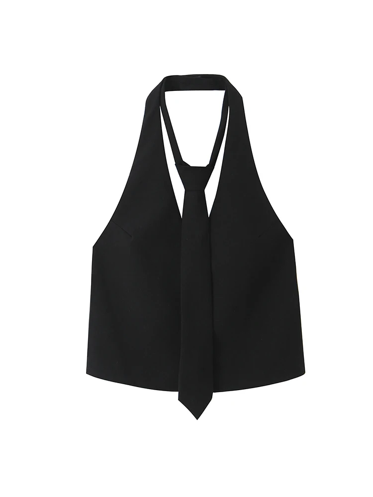 

Женский черный жилет с открытой спиной и завязками, тонкий модный элегантный топ на бретелях