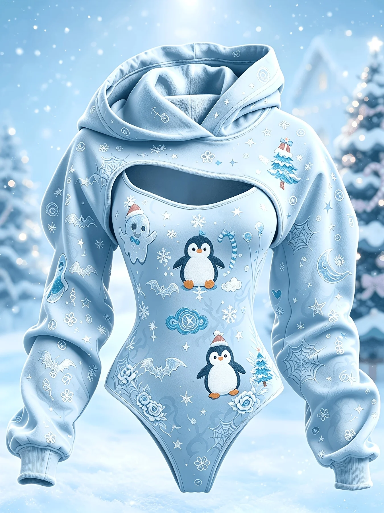 Women Christmas Penguin Print Double Hooded Bodysuit Hollow Out Long Sleeve Hoodie Winter Cute Snowflake Jumpsuit