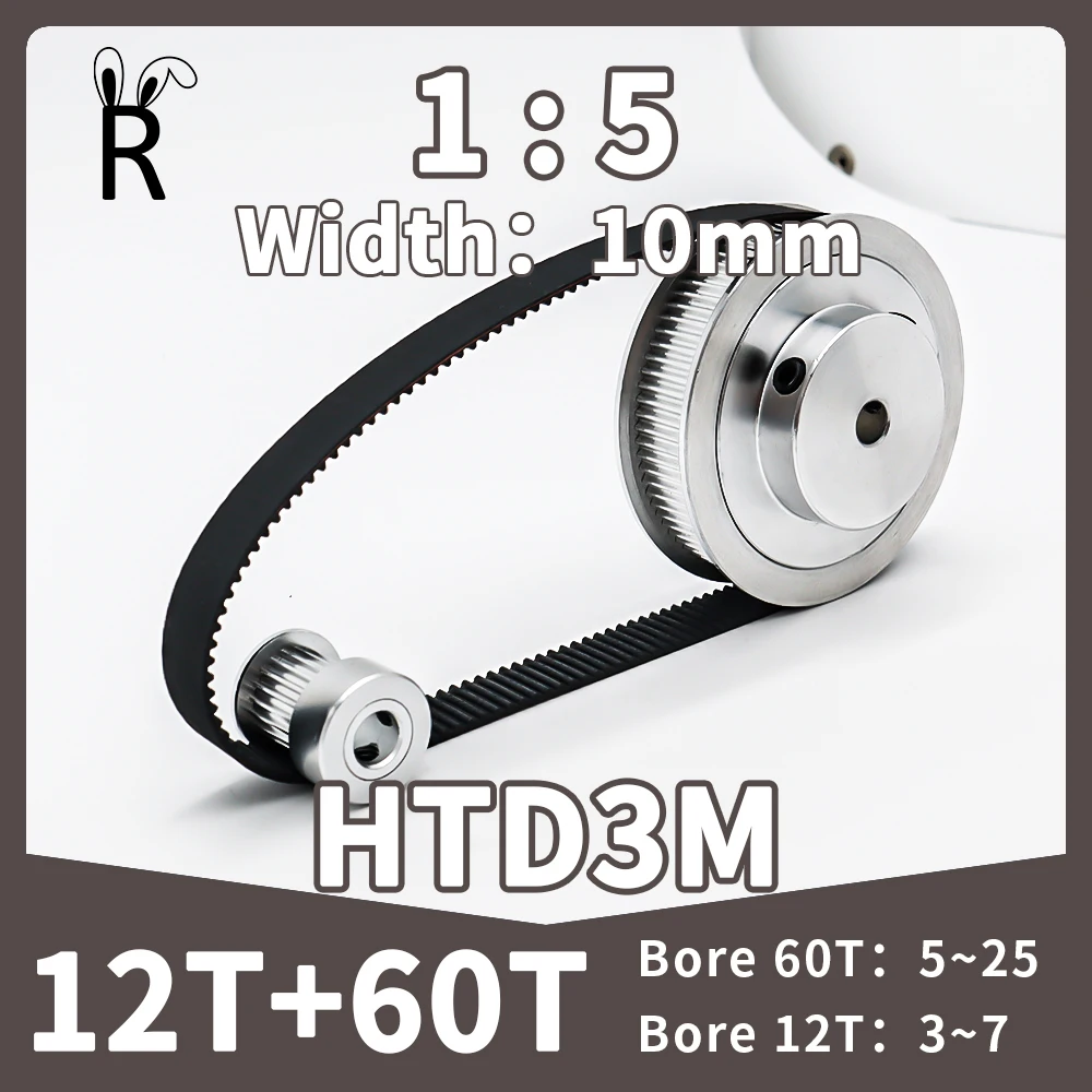 

12T 60T Synchronous Wheel Set HTD 3M Belt Width 10mm Timing Pulley Set Reduction 1:5 12Teeth 60Teeth 3M Timing Belt Pulley Kit