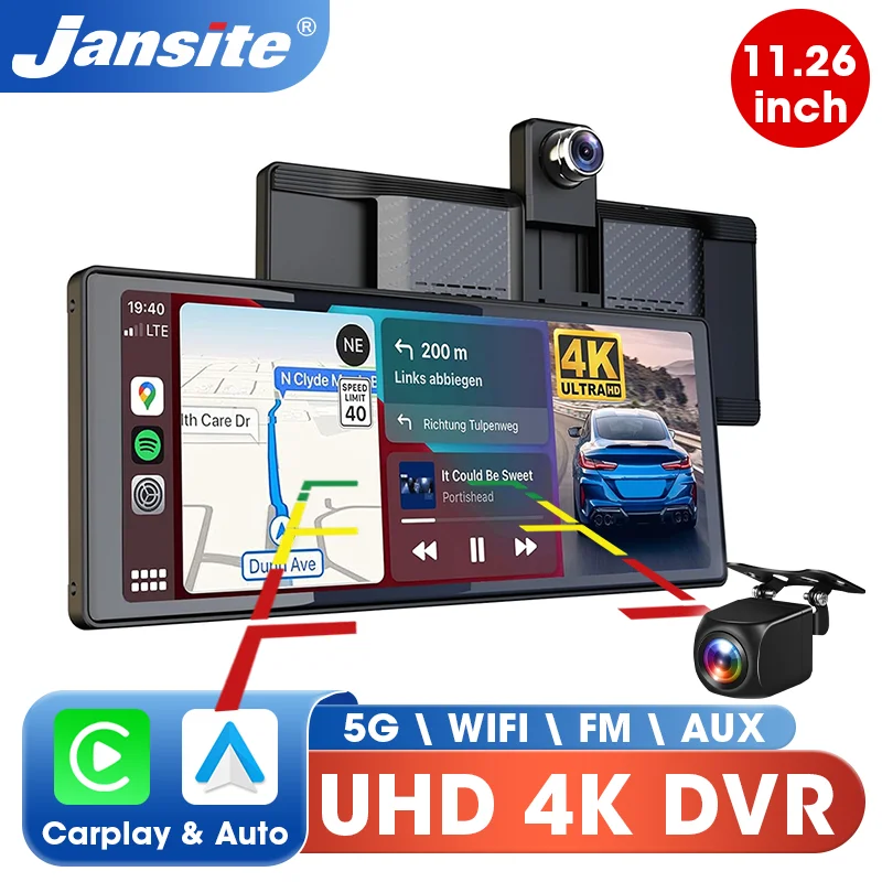 

Jansite 10,26/11,26 дюймов спереди 4K сзади 1080P видеорегистратор автомобильный экран WIFI Carplay Android Auto GPS навигация видеорегистратор