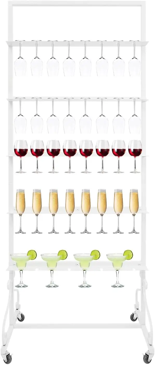 Champagne Wall Holder 5 Tier Champagne Rack Shelf Swivel Casters Metal Flutes Display Stand Hold 40 Glasses Wedding Party White