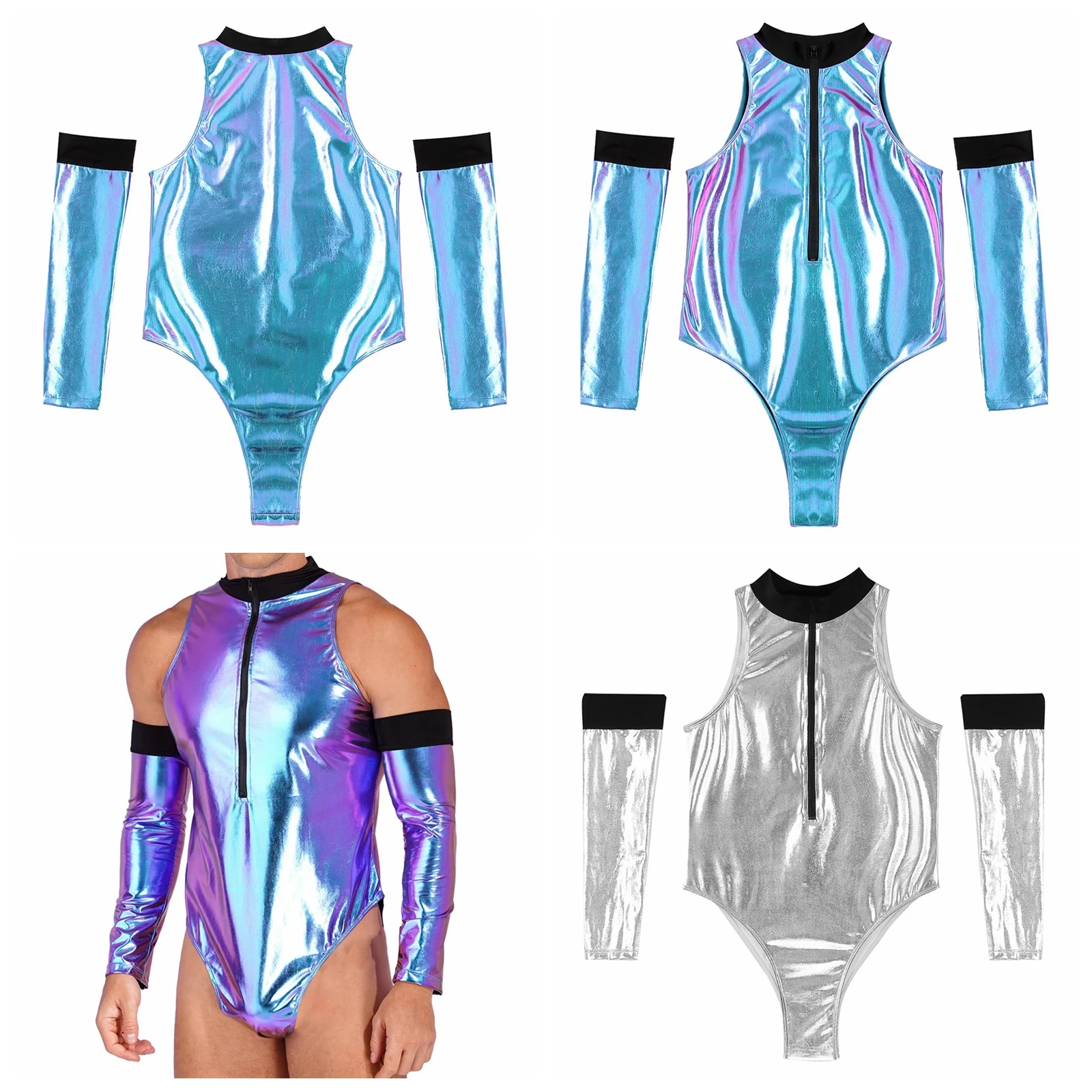 Herren Alien-Kostüm Roboter-Fantasiekleidung Rollenspiel-Kostüm Lackleder Ärmelloser Bodysuit Reißverschluss-Catsuit mit Handschuhen