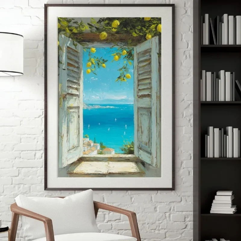 Multiple sizes 1pc frameless Canvas Painting,1pc frameless Greek Harbour Seaside Landscape Poster Coastal Aegean Mediterranean C