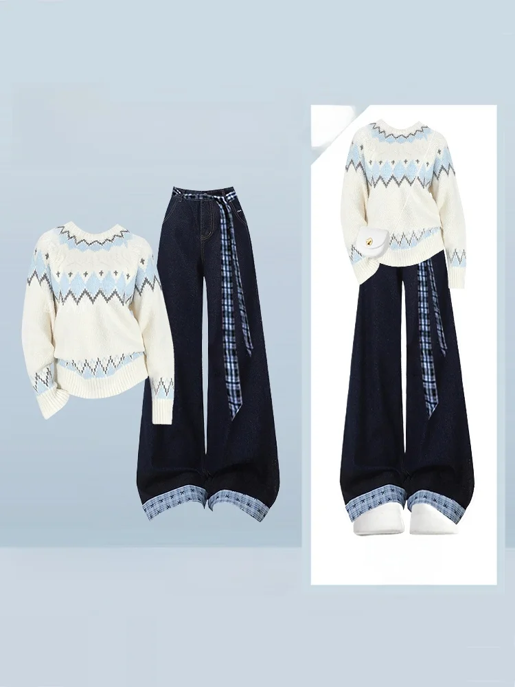

Вязаный свитер и джинсы в стиле ретро, женский свободный комплект с ромбовидным узором, удобный осенне-зимний комплект из двух предметов Faion