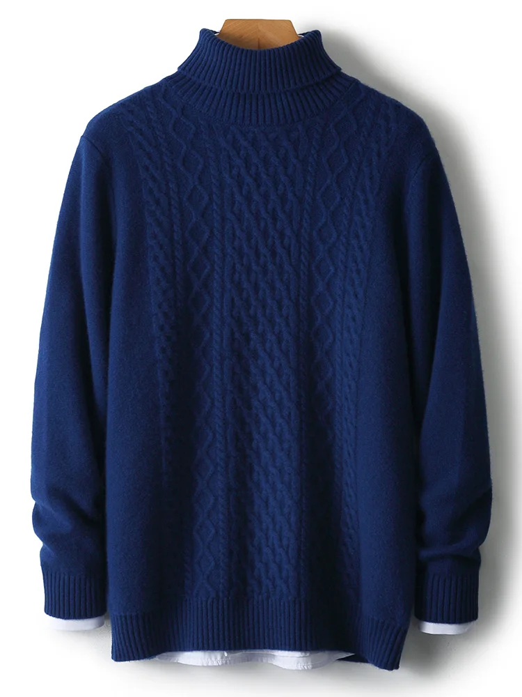 Men's Autumn Winter Solid Turtleneck Sweater Business Leisure Cable Stitch 100% Merino Wool Soft Warm Knitted Clothing Tops