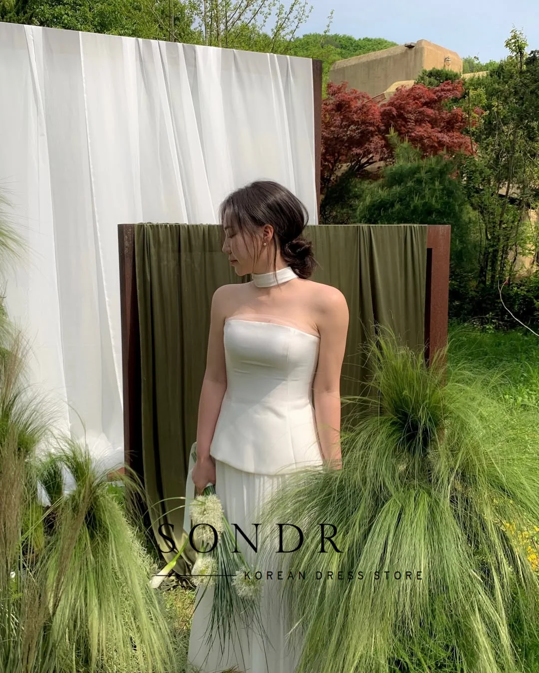 Sondr-vestidos de novia coreanos personalizados, sesión de fotos, satén sin tirantes y gasa plisada, vestidos de noche de boda sencillos