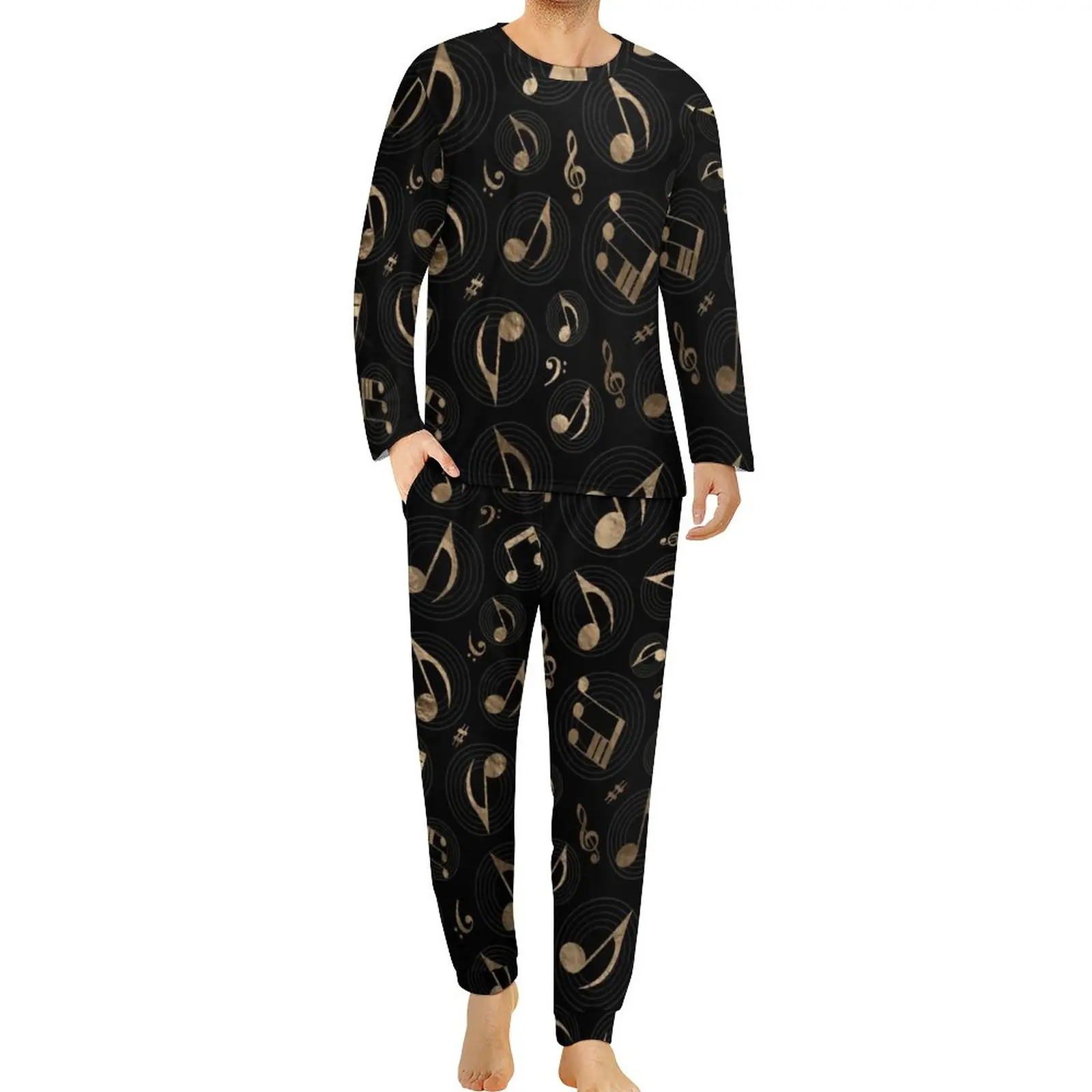 Music Notes Pajamas Spring Black and Gold Casual Sleepwear Men 2 Pieces Custom Long Sleeves Elegant Big Size Pajamas Set