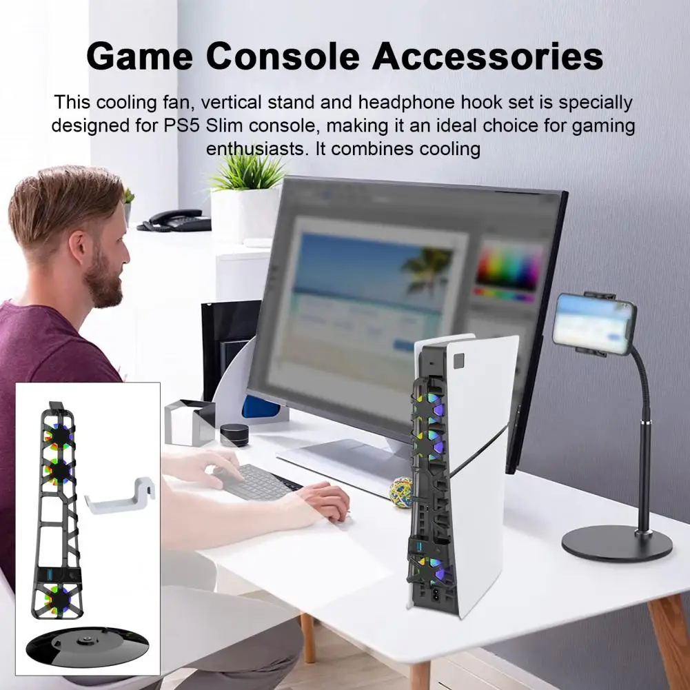 

Fan Gaming Setup Organizer Ps5 Slim Vertical Console Stand with Quiet Cooler Fan Headphone Holder Gaming Organizer for Gamers