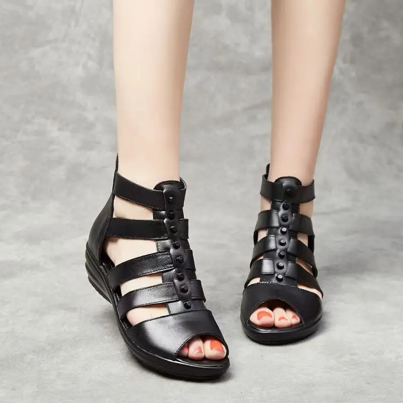 

Women's Leather Hollow Out Wedges Big Size Cool Boots Summer New Soft Sole Non Slip High Top Breathable Zippers Peep Toe Sandals