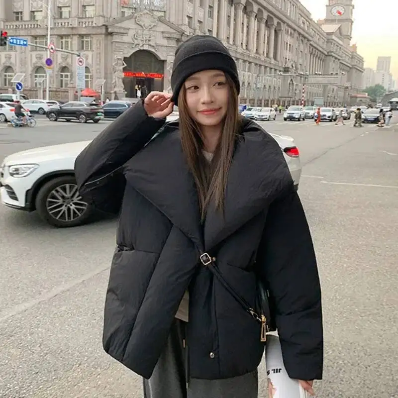 

Women's Winter Lapel Puffer Jacket Loose Fashion Down Cotton Coat Woman Solid Color Casual Windproof Warm Cropped Parkas
