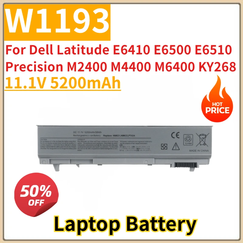 New Replacement Laptop Battery 11.1V 5200mAh W1193 for Dell Latitude E6410 E6500 E6510 Precision M2400 M4400 M6400 KY268 NM633