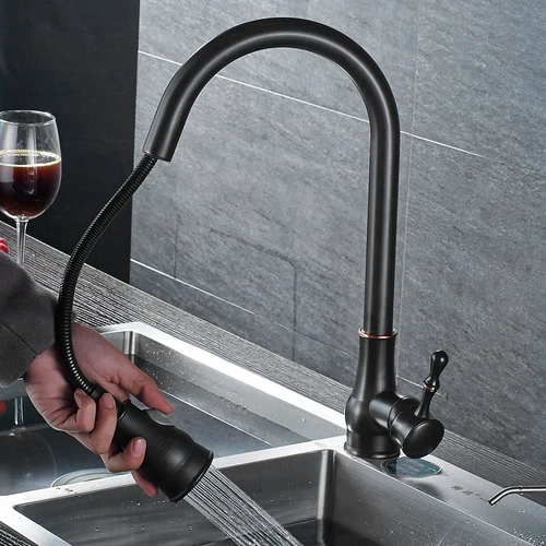 Imagen 2 del producto BAKALA-grifo de cocina de un solo orificio, grifo mezclador de fregadero con caño extraíble con cabezal rociador de corriente, acabado cromado/negro para Cocina