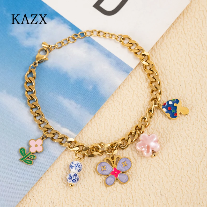 

Trendy Gold Cuban Bracelet with Colorful Butterfly & Flower Charms Adjustable Link Chain Women's Daily Wear & Party Jewelry