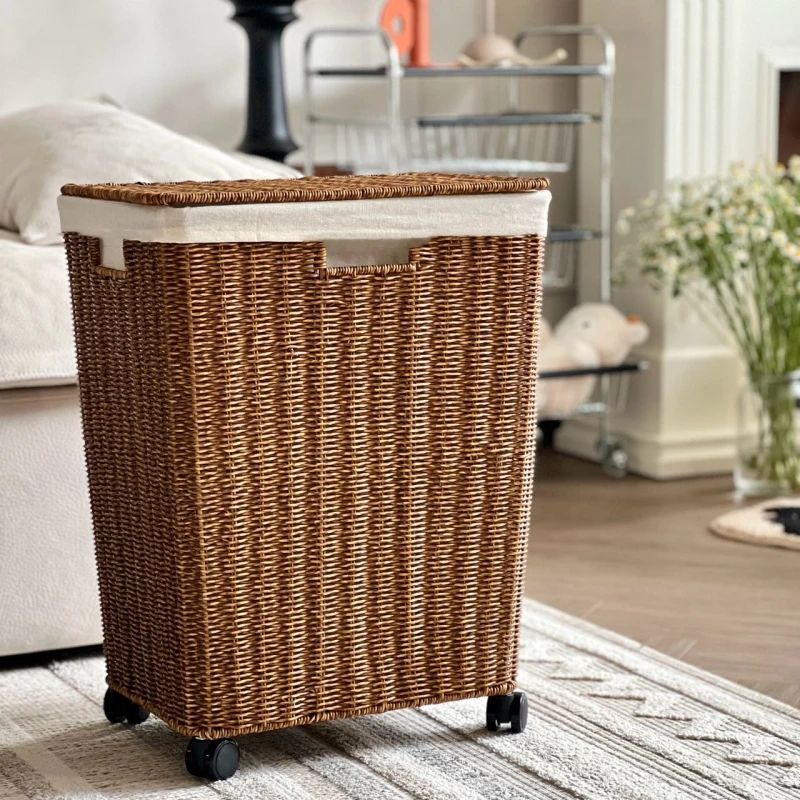 

Imitation Rattan Laundry Hamper Rolling Clothes Bin with Cover Stylish Bedroom & Bathroom Organizer Breathable Fabric Basket