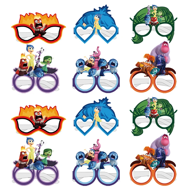 12Pcs Disney Inside Out 2 Series Funny Paper Glasses Birthday Party Decoration Photography Props Atmosphere Celebration Supplies