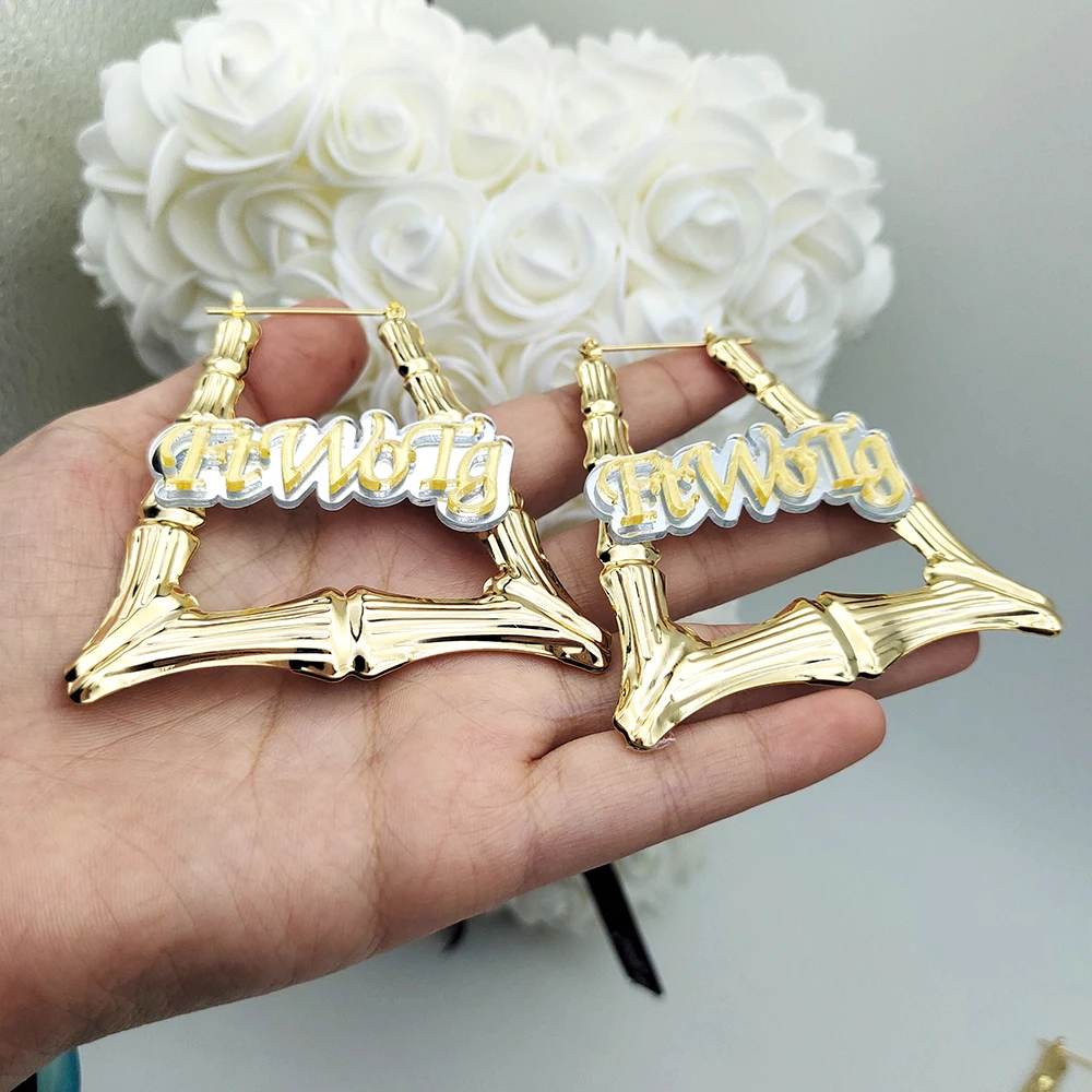 2022 Acrylic Colored Trapezoid Earrings Personalized Rectangle Shape Bamboo HipHop Earrings Bamboo Customized Name Hoop Earrings