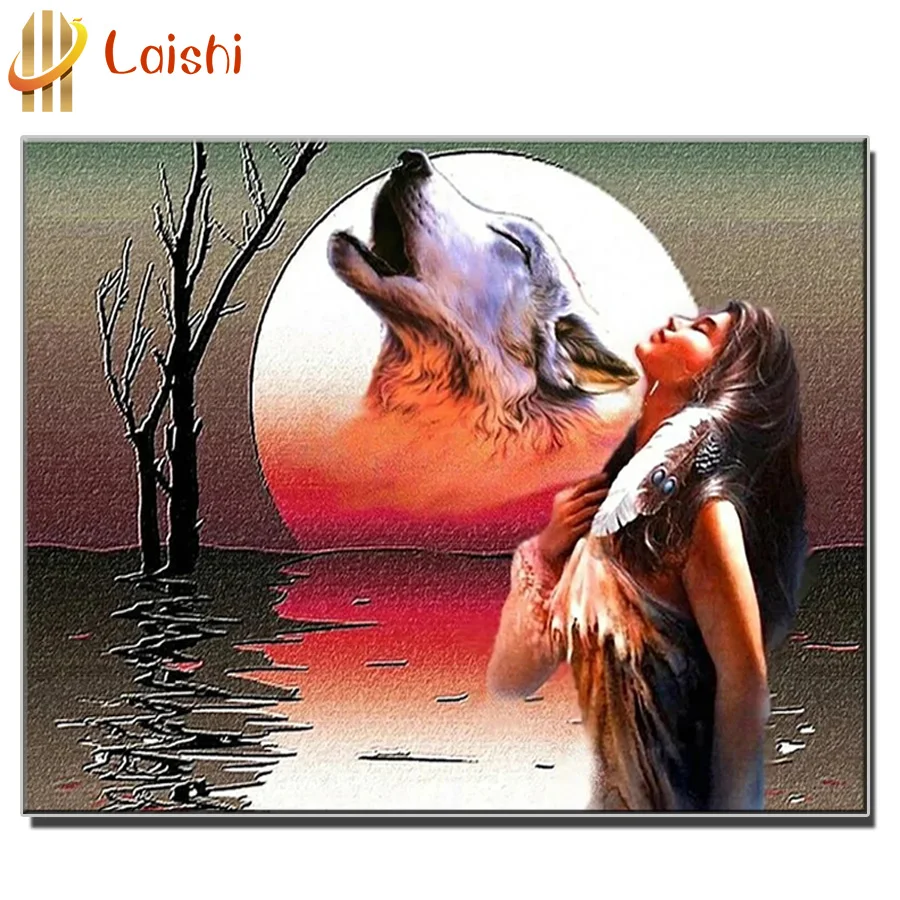 

Full Round Drill Rhinestone Picture animal DIY Moon, indians and wolves 5D Mosaic Craft Diamond Painting Home Wall Decor Gift