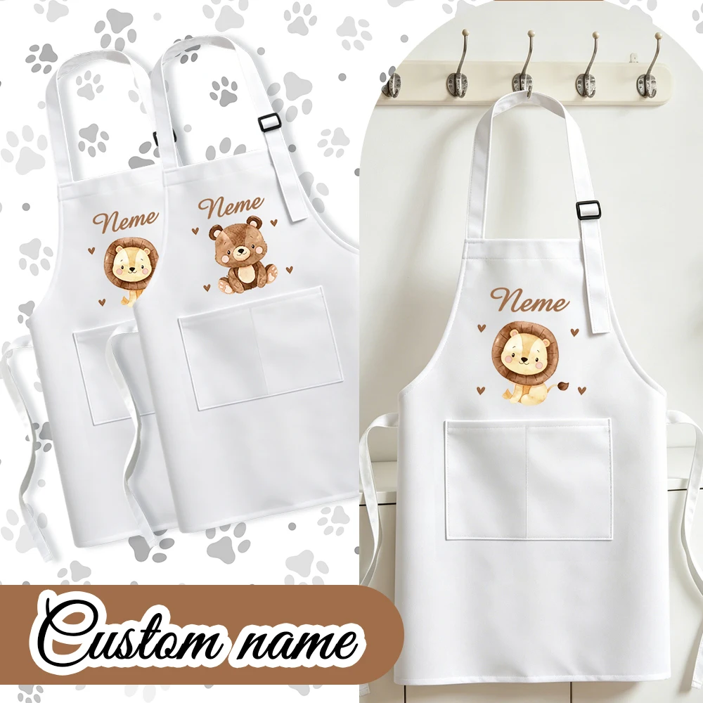 Kitchen Baking Cloth - カスタマイズされた名前入りの小さなライオンと小さなクマのエプロン（ポケット付き）- 男の子と女の子の料理、キッチン、ベーキング、絵画に最適