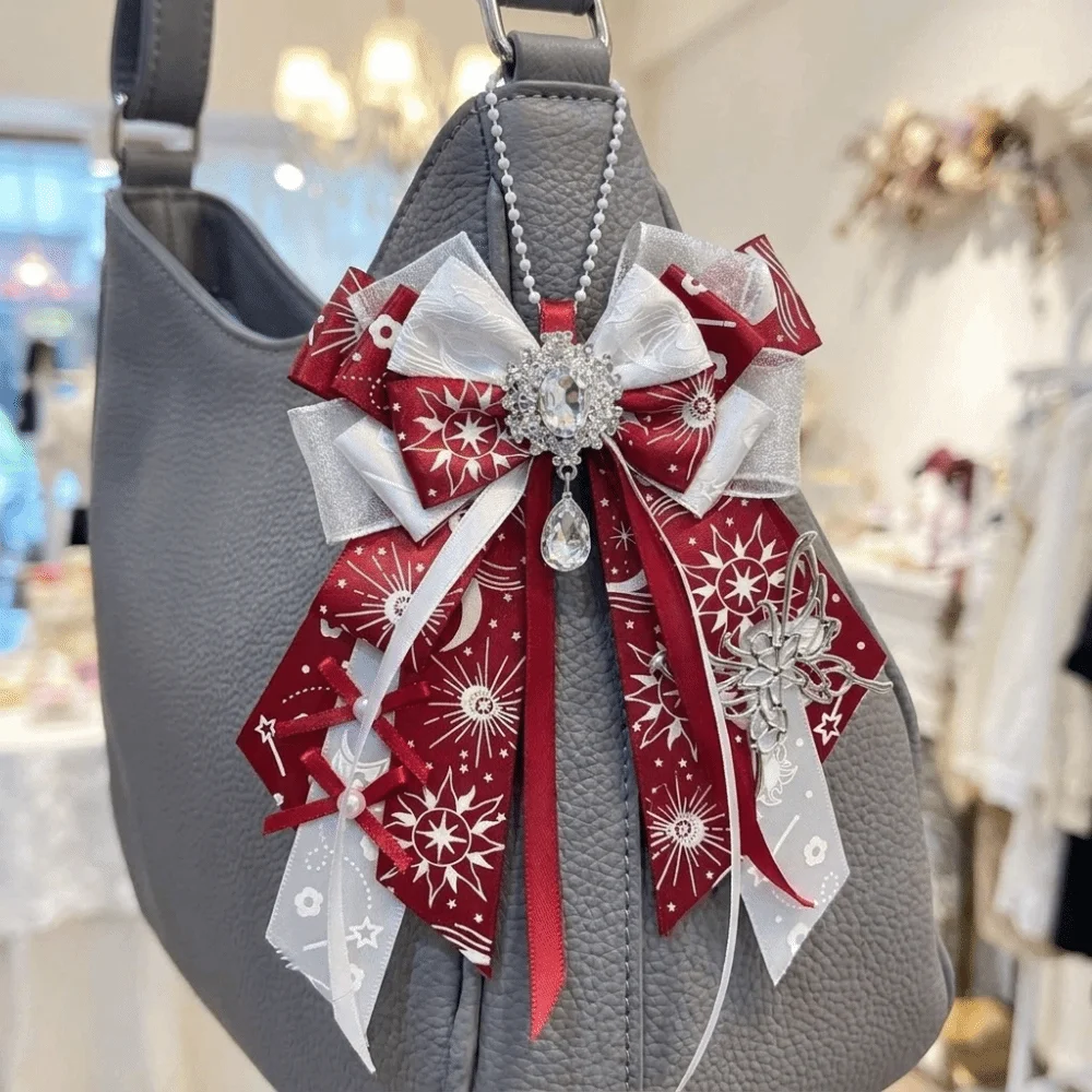 Sweet Double Layer Bowknot Ornament Keychain Rhinestone Long Streamers Lolita Bag Charm Elegant Tassel Handmade Jewelry Dress