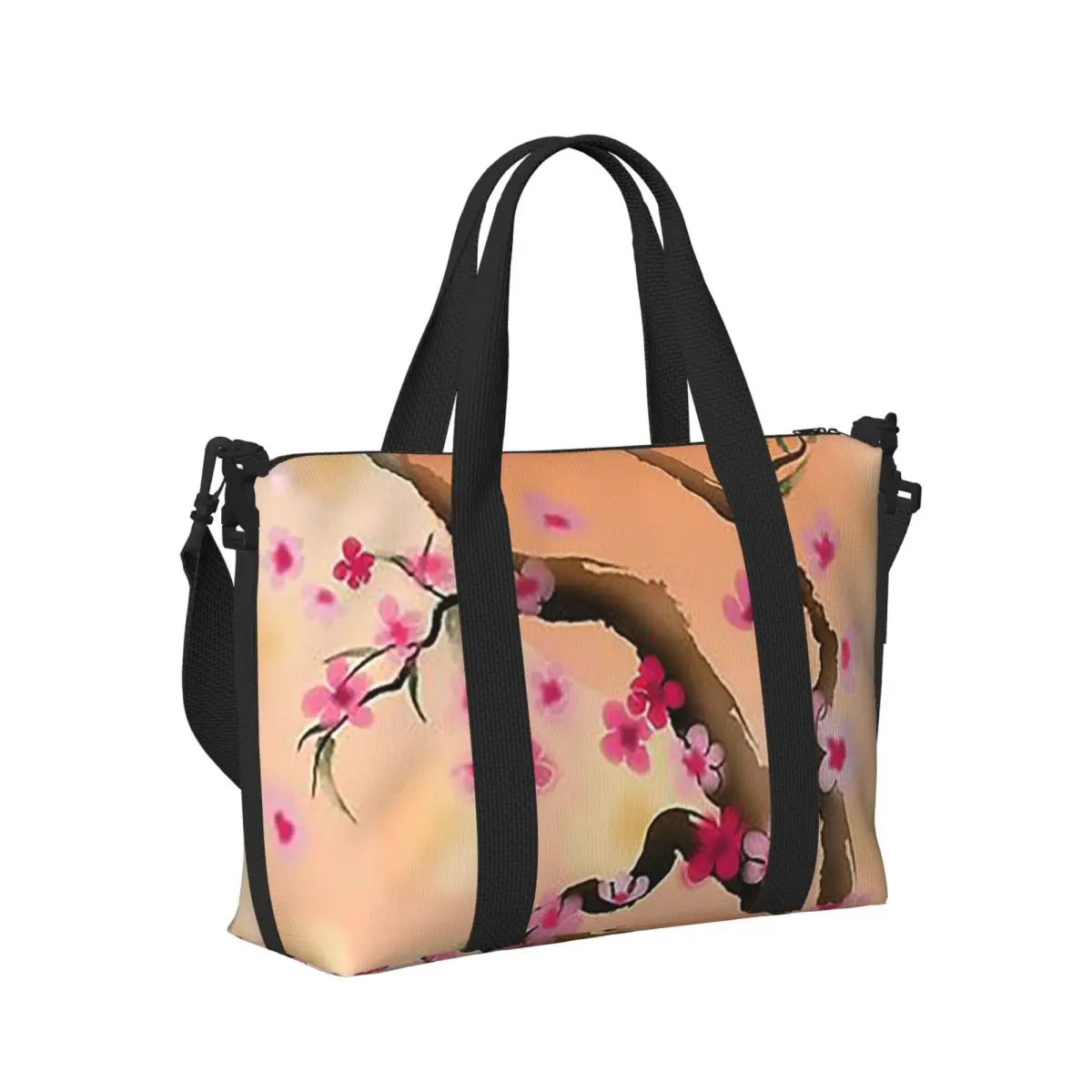 

Deep Yellow And Pink Sakura Cherry Blossoms Beach Travel Bag Large Capacity Tote Bags for Gym Sport Shopping Duffle Shoulder Bag