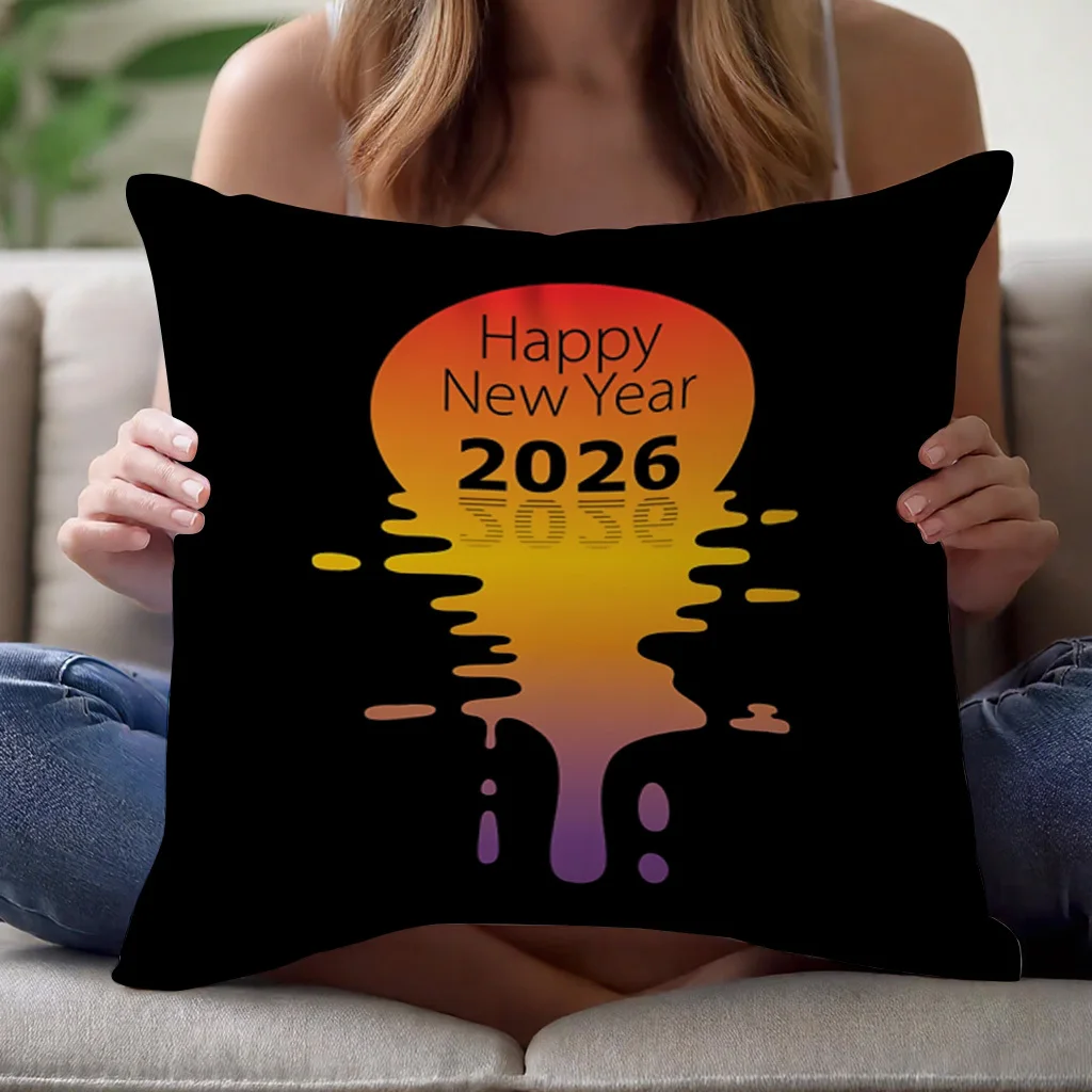 2026 Happy New Year Pillow Cover 16x16 18x18 20x20 Inch Polyester Zipper Machine Washable Modern Celebration Decor