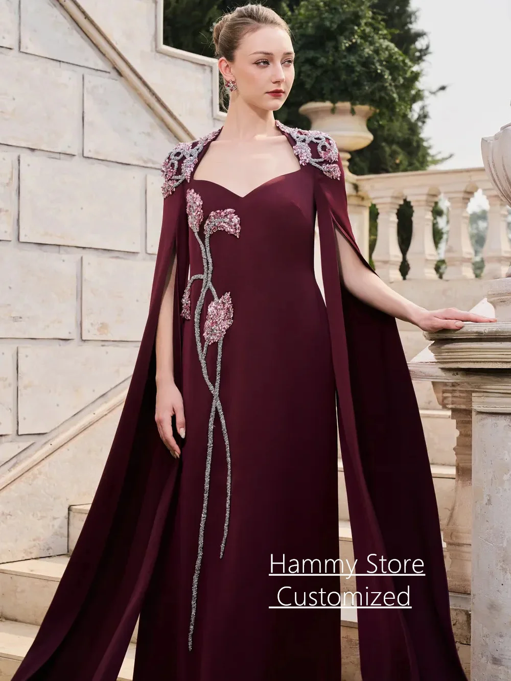 Nuovo arrivo abito da sera con maniche mantella personalizzato scollo a V perline pietra donna saudita abito da ballo abiti da festa di nozze