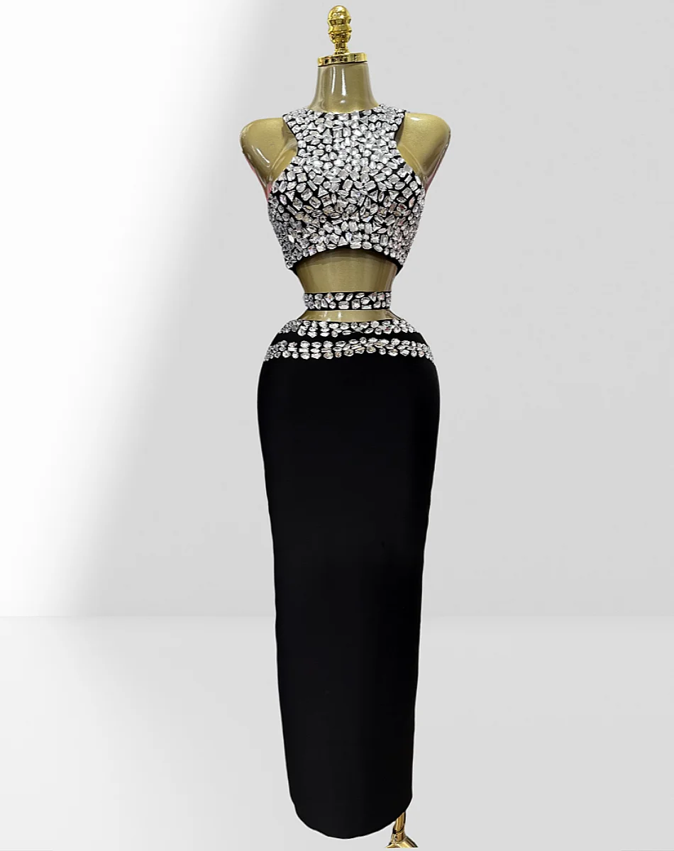 

2025 Stylish Expose Wasit Woman Set Sparkling Diamonds Short Tank Top And Bandage Skirt 2 Pieces Birthday Party Vestido