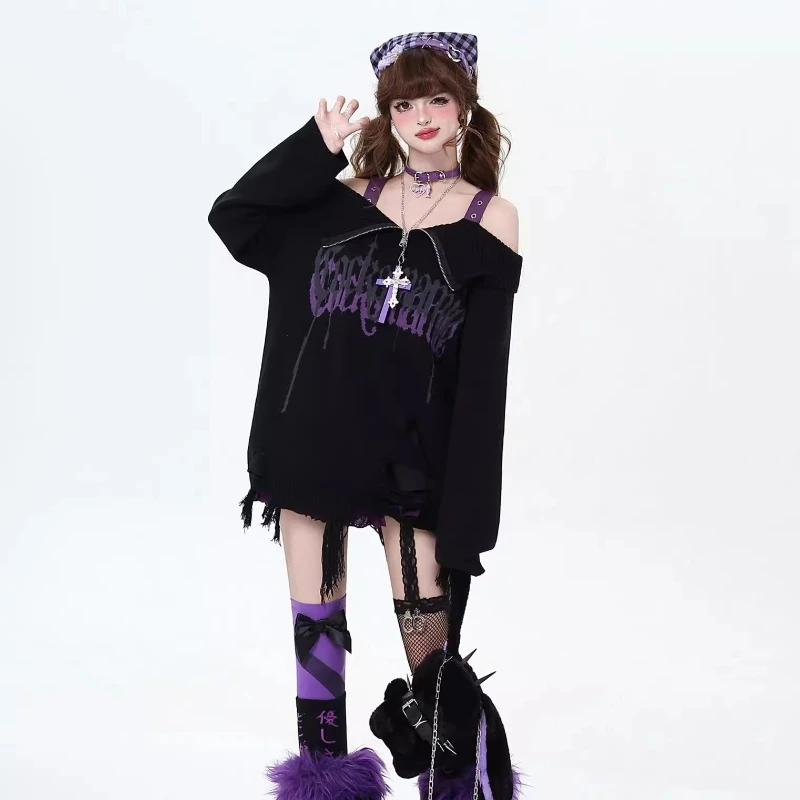 Off Shoulder Lapel Design Subculture Sweaters，women Black/Purple Autumn Winter Loose Y2k Knitted Pullover Korean Long Sleeve Top