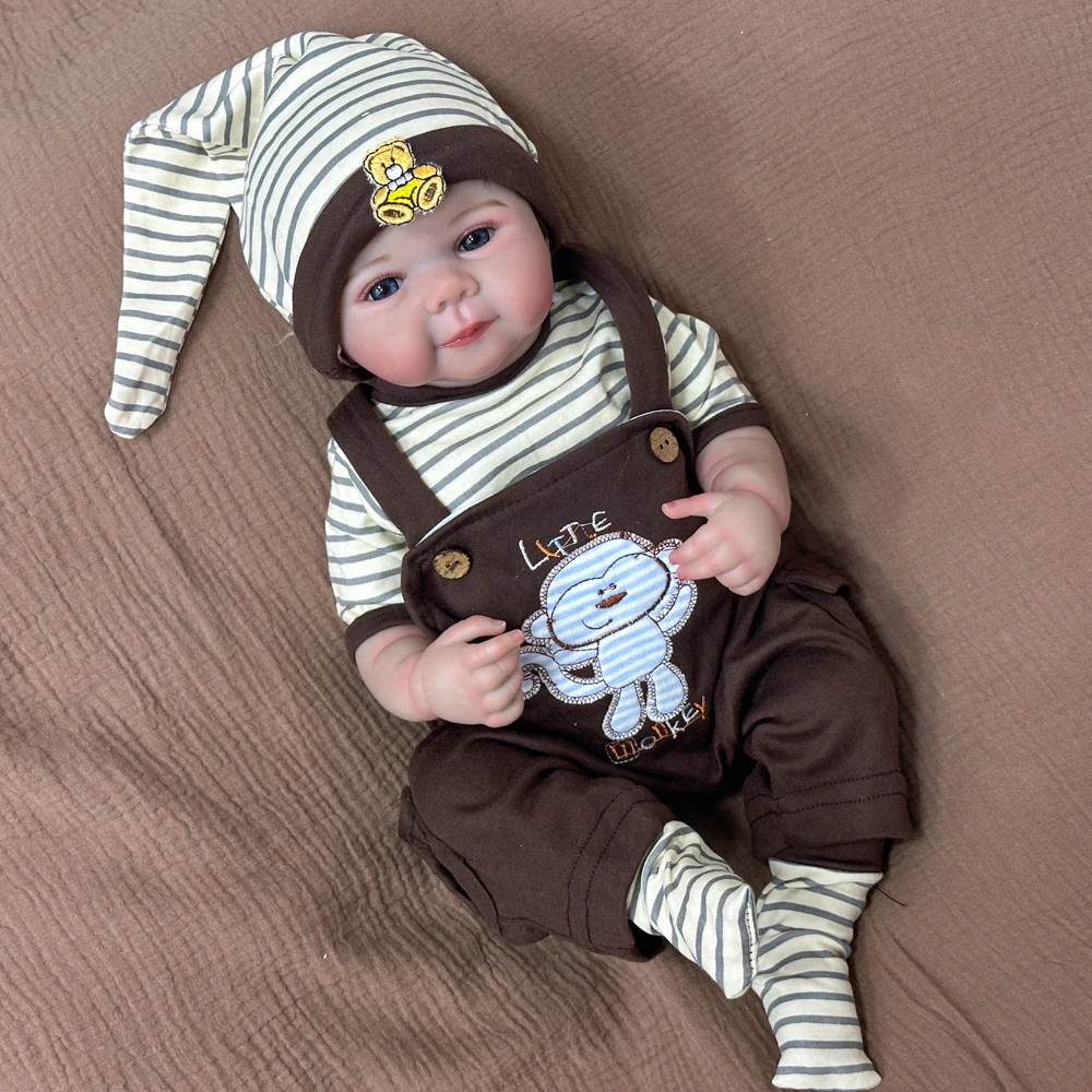 20 Inch Vinyl Reborn Baby Doll, Rare Edition, Cartoon Suspender Outfit & Hat, Colored Eyes, Exquisite Facial Features,