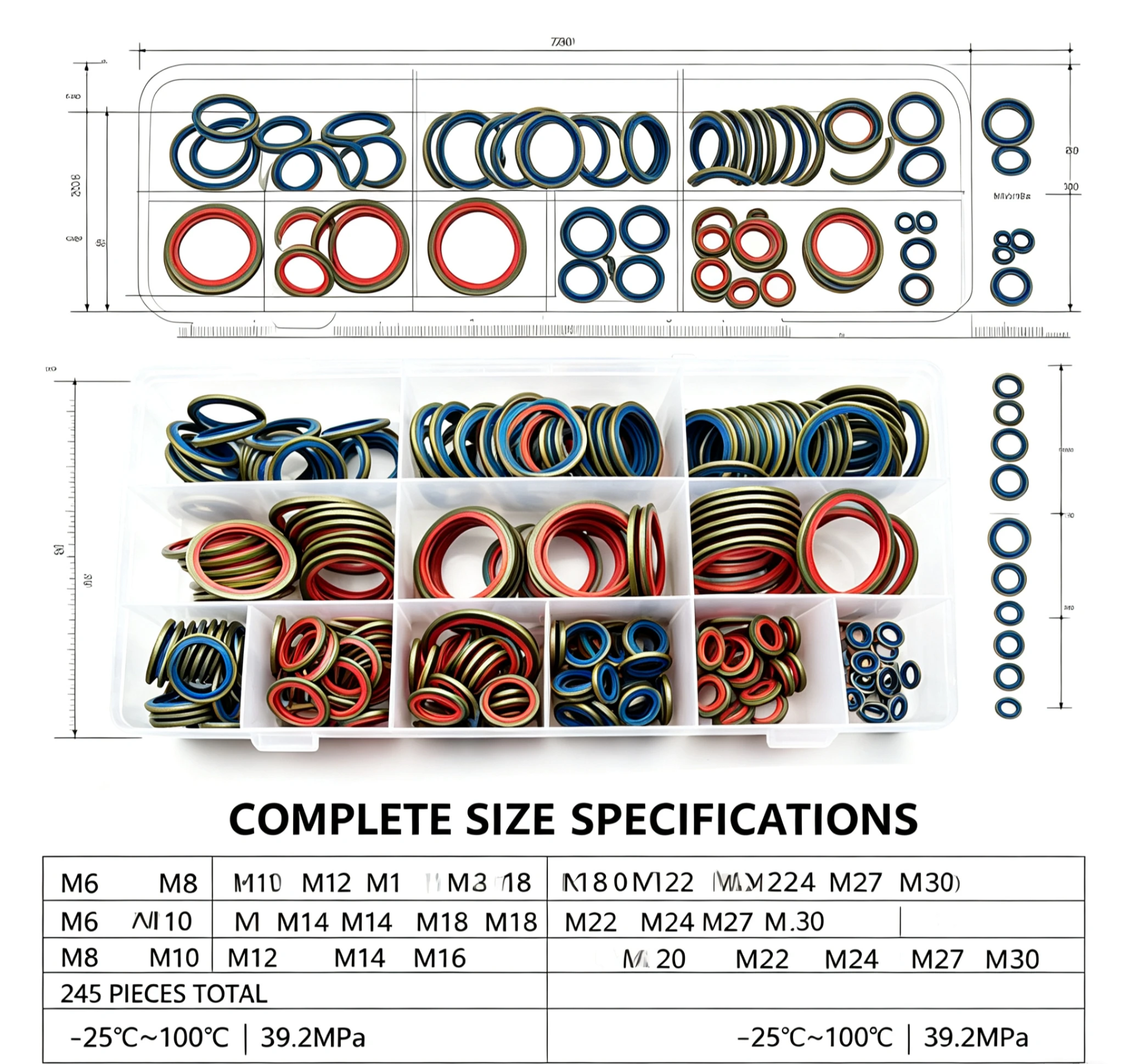 245Pcs Metric Self Centred Bonded Seal Gasket Universal Aftermarket M6‑M30 Oil Proof Metal NBR Washer Assortment For Machinery