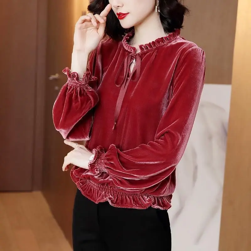 2024 V Neck Tees Chain T-shirt Woman Long Sleeve Clothing Golden Velvet Women's Top Youth Elegant Polyester Pullovers T811