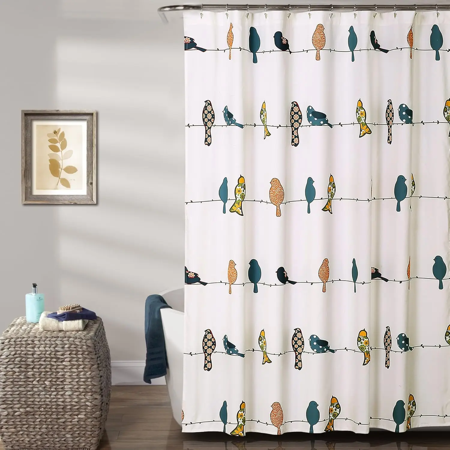 

Colorful Floral Bird Shower Curtain, 72x72 Inches, Whimsical Pattern for Farmhouse Coastal Boho Bathroom Decor