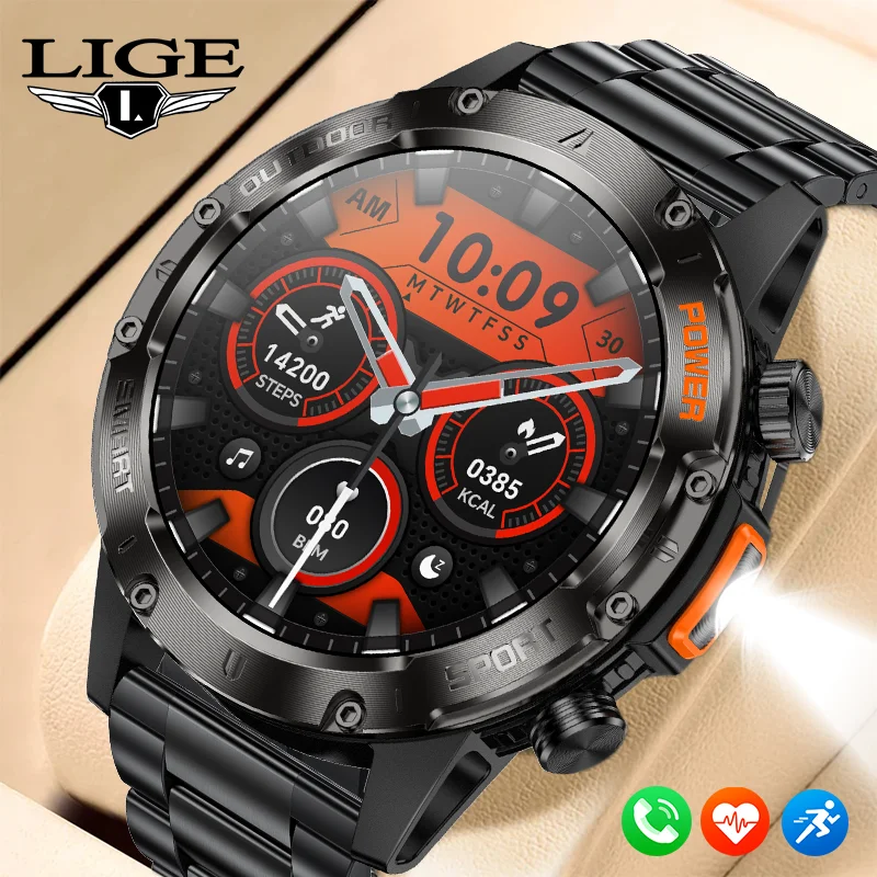 

LIGE 2025 Смарт-часы для мужчин 360*360 HD Экран Водонепроницаемые спортивные часы для фитнеса Светодиодный фонарик Новые мужские умные часы для Android IOS