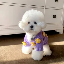 Yellow Flower Purple Sweater For Small Medium Dogs Pet Sweater Autumn Winter Dogs Coat Teddy Bichon Cat Pet Winter Warm Clothes