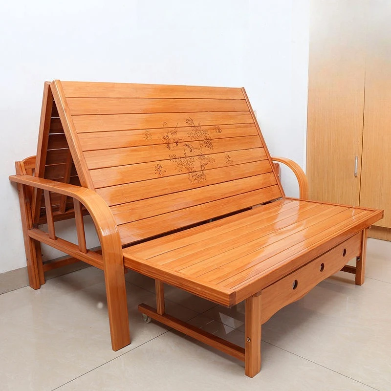 Foldable sofa bed dual-purpose double single multi-functional bamboo bed living room push-pull simple cold bed