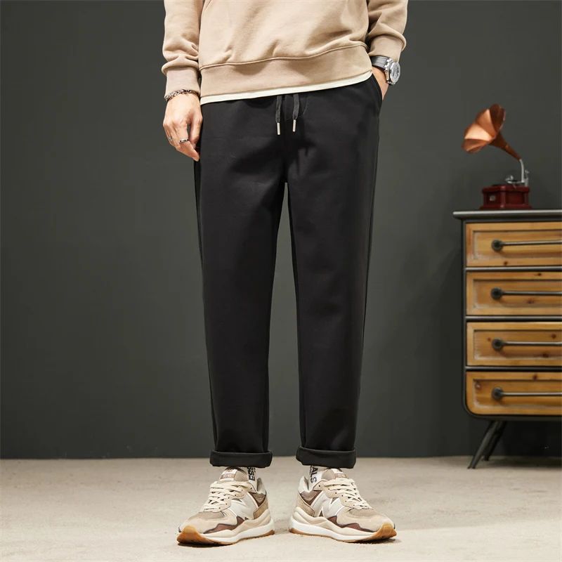 Men's Spring Autumn High Waisted Pockets Drawstring Bandage Elastic Solid Color Pencil Cargo Straight England Style Pants