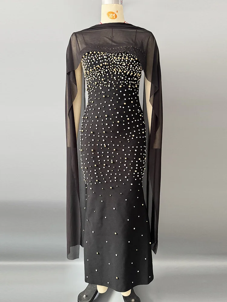 Ele Long Sve Evening Dr con punzón, vestido drapeado con cuentas y tirantes adornados para aniversario de boda Par