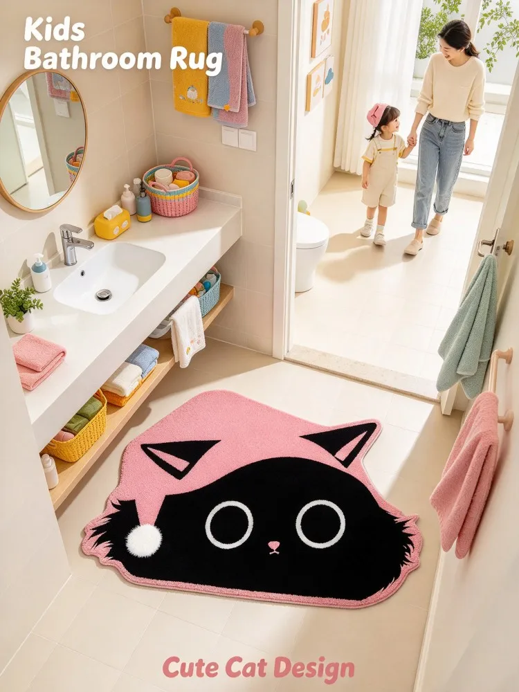 Black Cat Pink Hat Bath Mat Cute Cartoon Animal Soft Plush Non-Slip Irregular Floor Rug for Bathroom Shower Room Vanity Home Dec